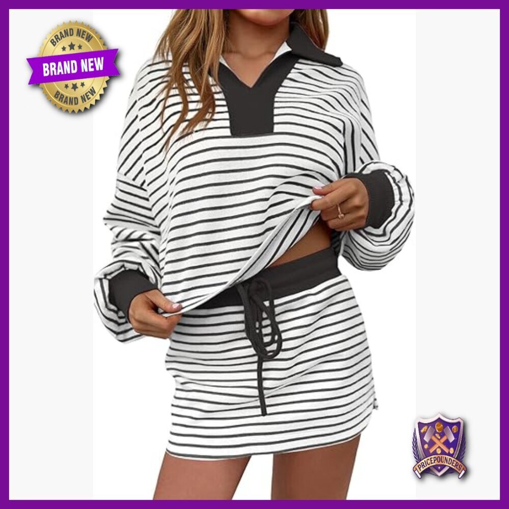 Large Striped Lounge Set with Built-In Shorts, Long Sleeve, Polyester Blend